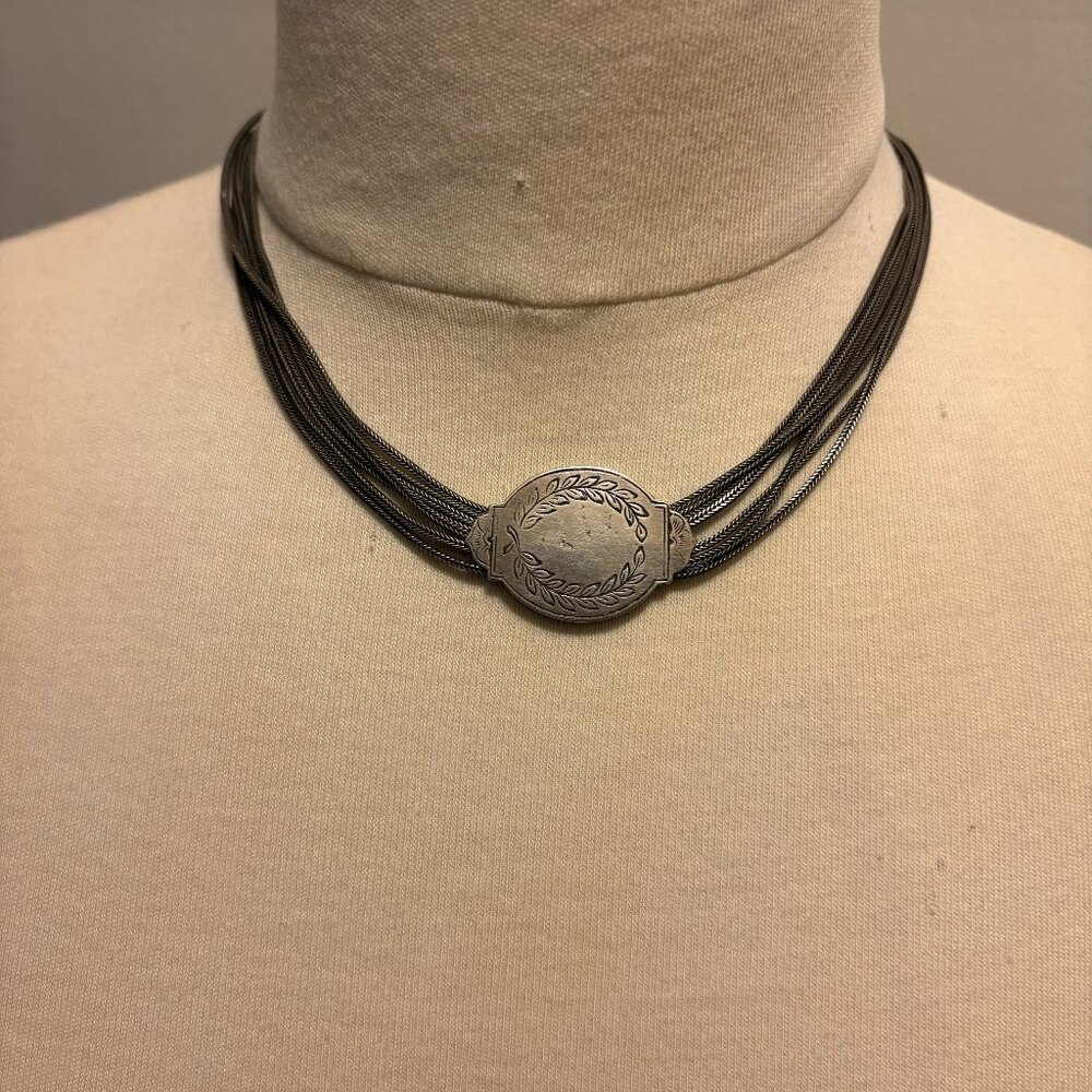 Vintage Turkish silver multi strand necklace with etched medallions c.1920s